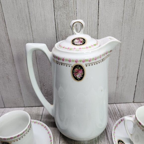 Vintage Bavaria Chocolate Tea Set Porcelain Victorian Gold Trim Pink Roses - Picture 4 of 10